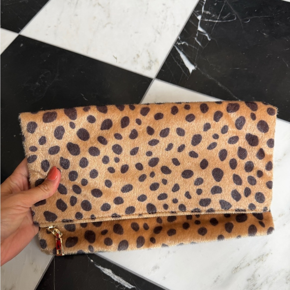 Leopard Print Fold-Over Clutch Bag in Tan and Brown